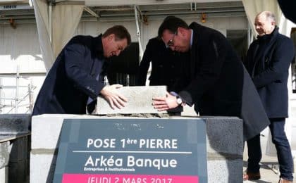 Blanpain du Crédit Mutuel  Arkéa et Jean-Marc Trihan du Groupe Lamotte posent la première pierre du futur ple entreprises et institutionnels du Crédit mutuel Arkéa