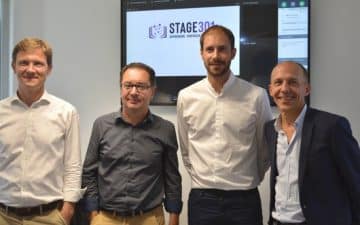 DE G à D : Antoine Péculier, directeur de Stage301 , Olivier Méril, CEO de MV Group, Matthieu Beucher, CEO de Klaxoon et Jérôme Armbruster, CEO de Hellowork