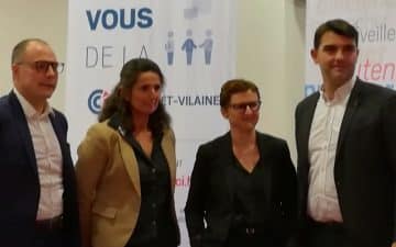 de gauche à droite : Nicolas Duforeau, Véronique Carabin, coprésidents de l’Union du commerce, Fabienne Langevin, élue commerce à la CCI et Charles Compagnon, président du Carré Rennais.