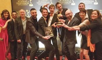 Stéphane Donikian (3ème à partir de la gauche)  et son équipe lors de la 70ème cérémonie des Annual Technology & Engineering Emmy® Awards le 7 avril 2019 à Las Vegas