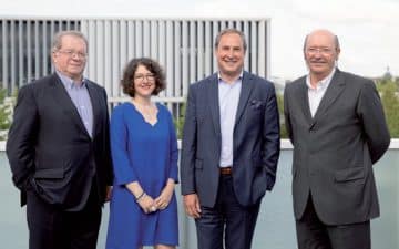 De gauche à droite, Philippe Belle, président d’Espacil Résidences, Sophie Donzel, directrice générale d’Espacil Habitat et Socobret, Jean-Pierre Vauzanges, président d’Espacil Habitat et Philippe Tatard, président de Socobret.