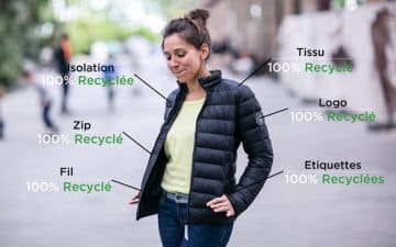 La doudoune Refa est à 100 % en matériaux recyclés, jusqu’au zip de la fermeture ainsi que le logo