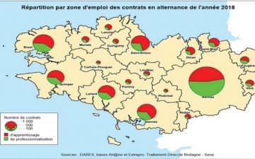 Répartition par zones d'emplois des contrats en alternance en bretagne en 2018