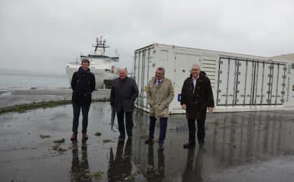 Pierre Karleskind, député européen, Jean-Paul Chapalain et Jean-Christophe Cagnard, président et vice-président de la commission équipements de la CCIMBO, Mériadec Le Mouillour, coordonnateur du projet Blue Ports et directeur de la CCIMBO