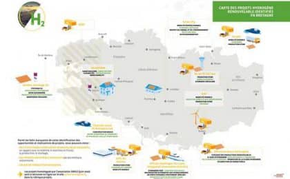 Carte des projets hydrogènes renouvelables identifiés en Bretagne