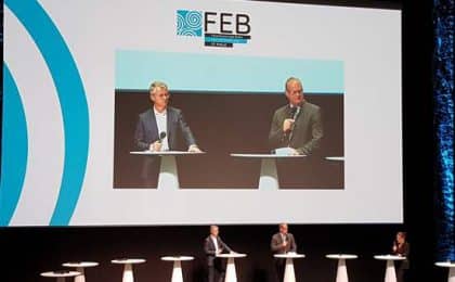 Hervé Kermarrec, Président du Medef Bretagne et Hervé Mattei, directeur régional de la Banque de France lors de leur intervention au FEB ce mercredi 8 septembre