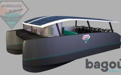 Ce catamaran à propulsion électrique de 10×5 mètres est en contreplaqué et epoxy biosourcée.