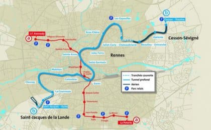 En bleue, ligne b du métro automatique de Rennes