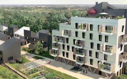 Premier immeuble d’habitation de cette hauteur en Bretagne, Île Ô Bois se compose de 111 logements en accession à la propriété, 72 en collectif (R+6, soit 25m de haut) et 39 maisons individuelles, avec une ossature bois Premier immeuble d’habitation de cette hauteur en Bretagne, Île Ô Bois se compose de 111 logements en accession à la propriété, 72 en collectif (R+6, soit 25m de haut) et 39 maisons individuelles, avec une ossature bois