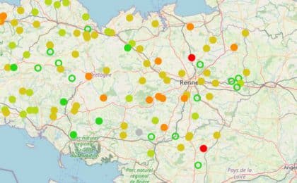 Situation hydrographique de la Bretagne. Avec deux point rouges , l’Ille-et-Vilaine est le département breton ou le déficit de la ressource en eau est le plus marqué.