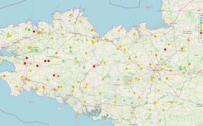 Carte des débits de cours d’eau mesurés par le réseau de suivi de la DREAL – situation au 08 mars 2023